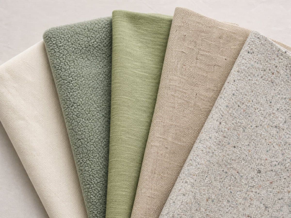 Five different eco-conscious fabric swatches fanned out, showing distinct textures.