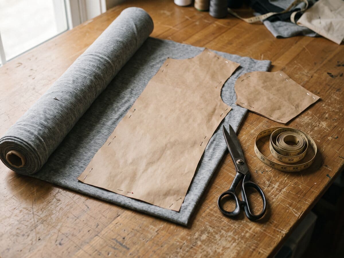 Brown paper t-shirt pattern pieces pinned to heather-grey cotton jersey unrolled from a fabric roll, with shears and a tape measure.