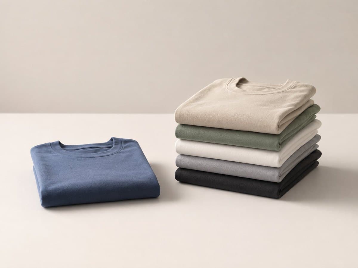 A single folded T-shirt beside a small stack of five folded T-shirts.