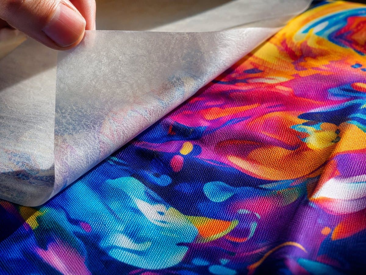 A sheet of sublimation transfer paper being peeled back to reveal a vivid all-over print on fabric.