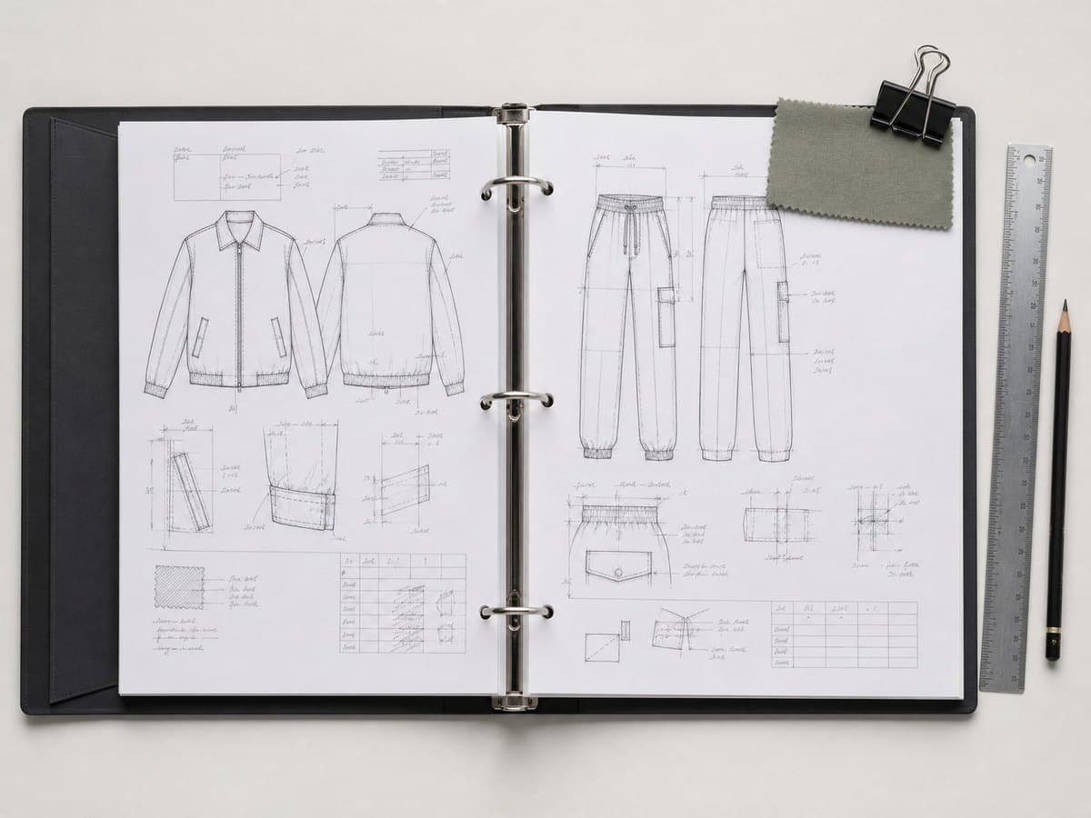 An open tech pack binder showing a garment flat-sketch with measurement callouts.