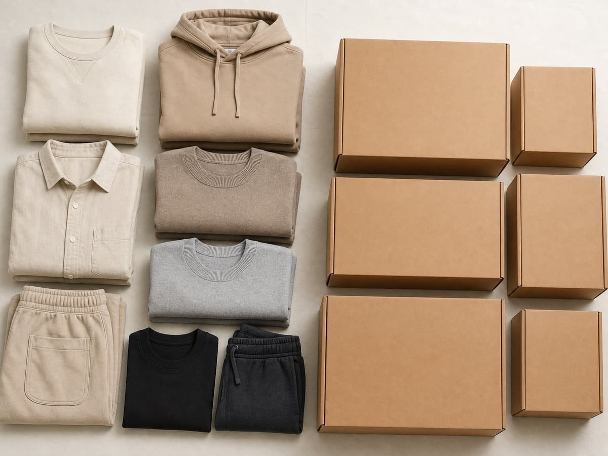 Folded garments and export shipping boxes from a Bangladesh clothing manufacturer.