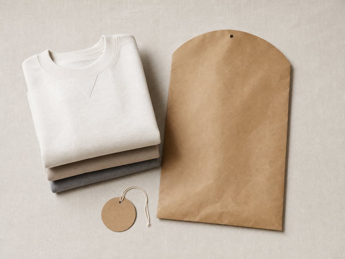 Folded garments beside a kraft-paper garment bag and blank hangtag for boutique retail.