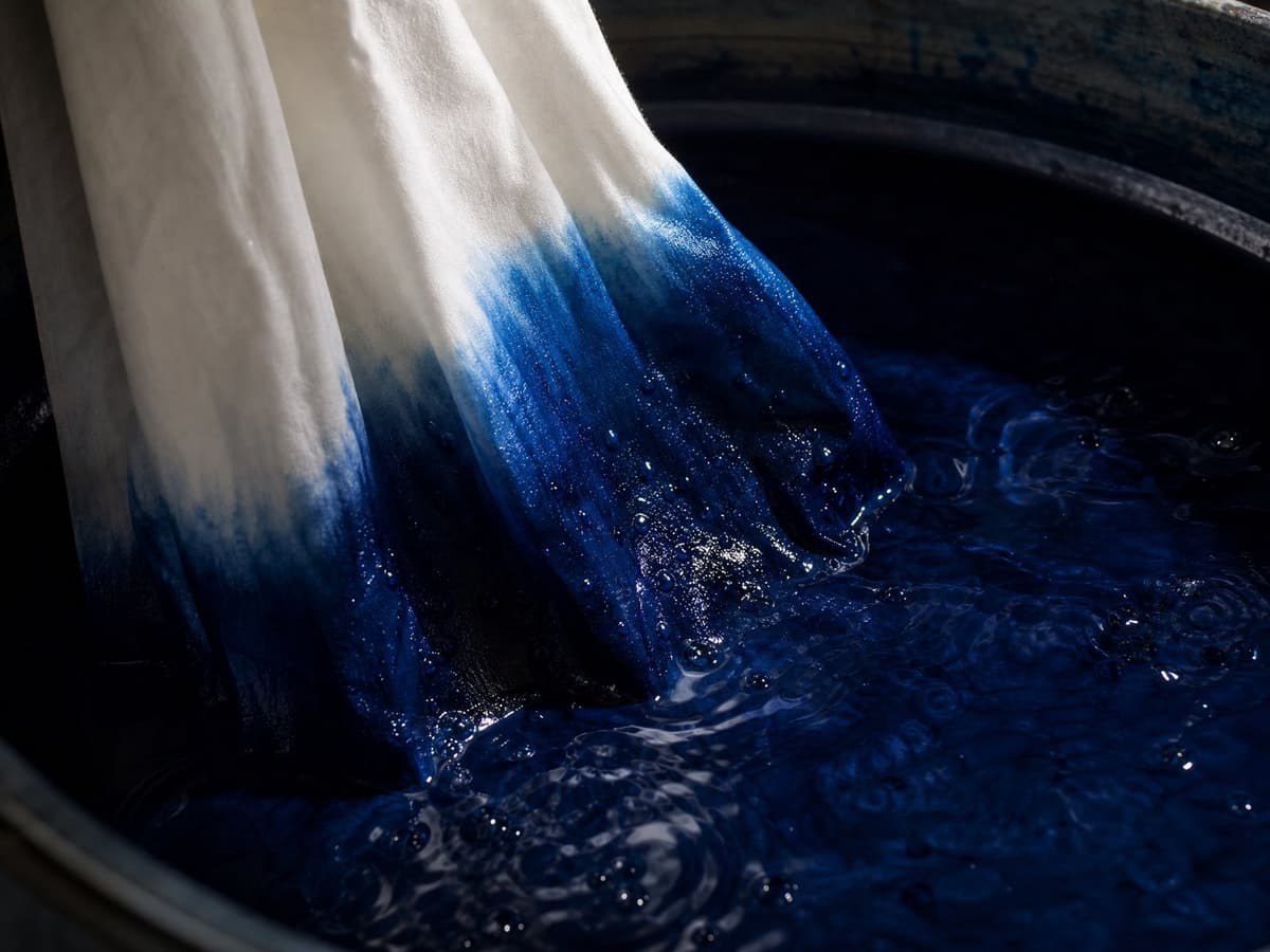 White fabric being dip-dyed in rich indigo dye.