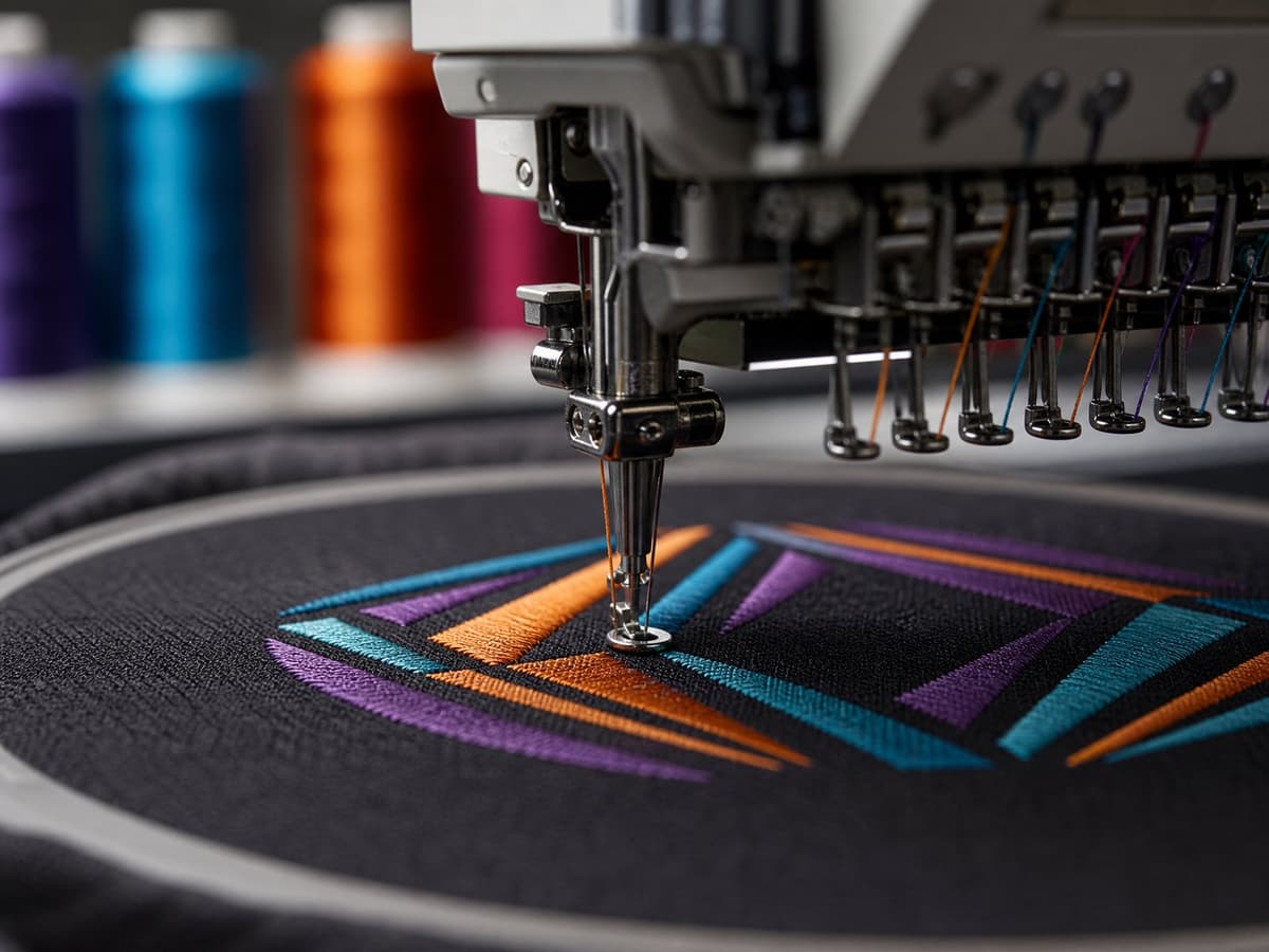 Embroidery machine stitching a colourful geometric design onto fabric.