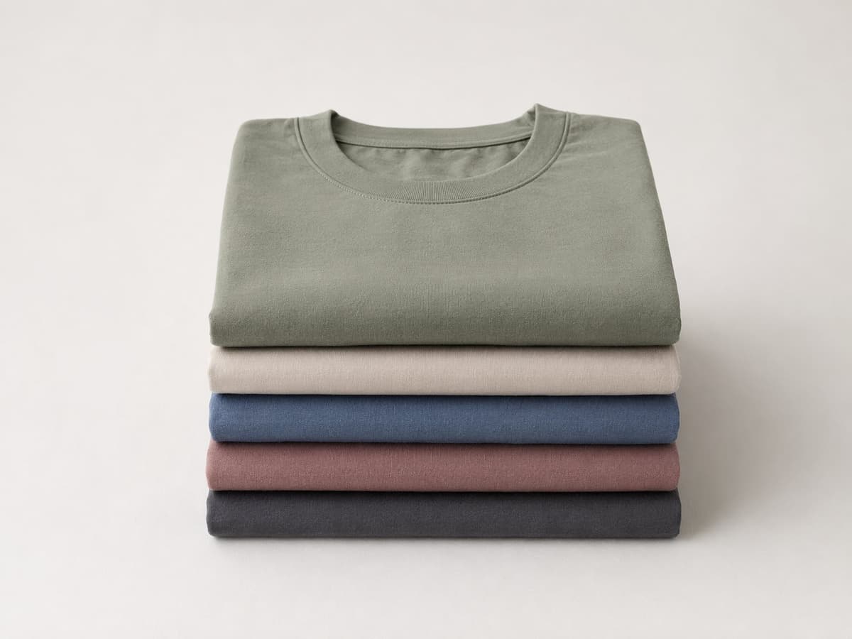 Small stack of five folded T-shirts, representing a low minimum order quantity run.
