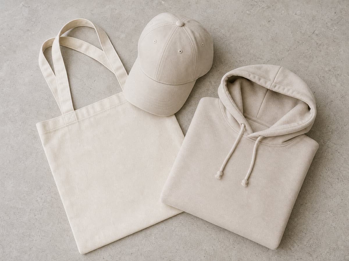 Blank cap, tote bag and hoodie flat-lay for custom branded merch.