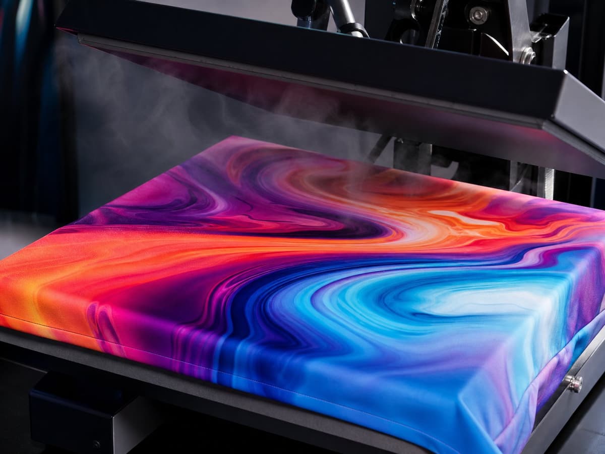 Vivid all-over sublimation print on fabric, revealed by a heat press.