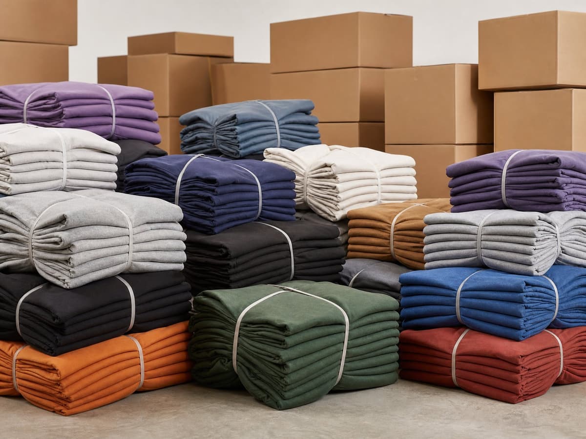 Large bundled stacks of folded garments with wholesale shipping boxes.