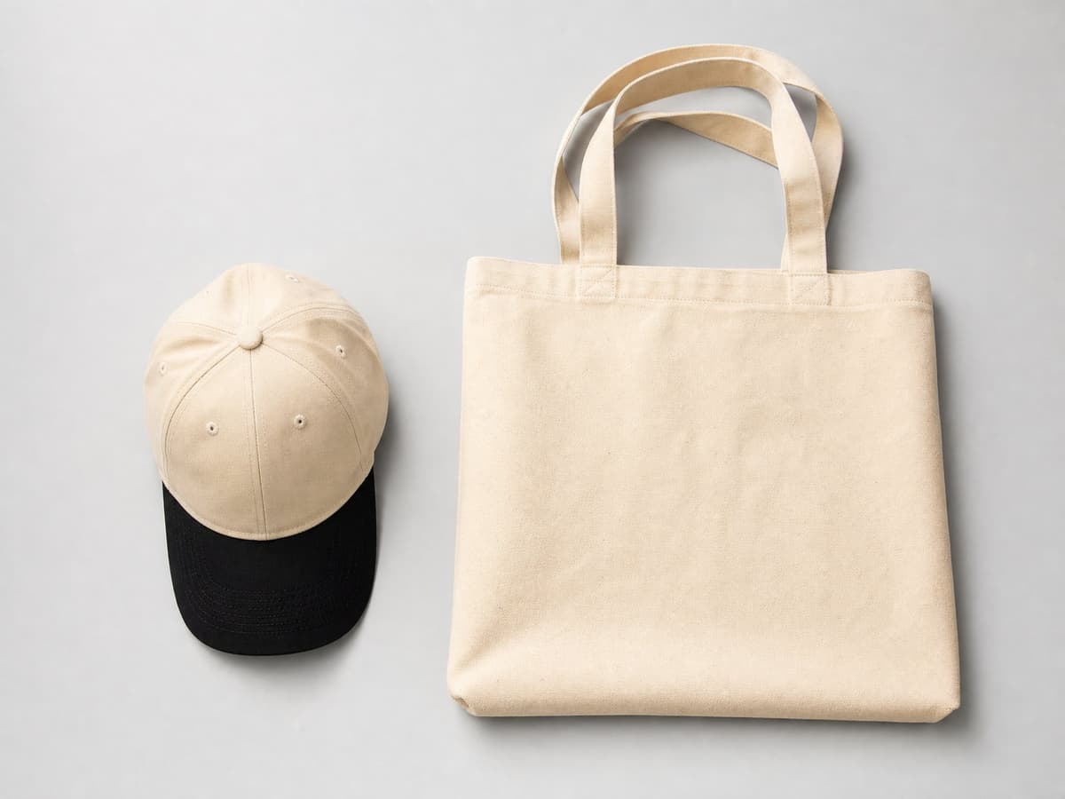 Custom cap and canvas tote bag, flat-lay product photo.