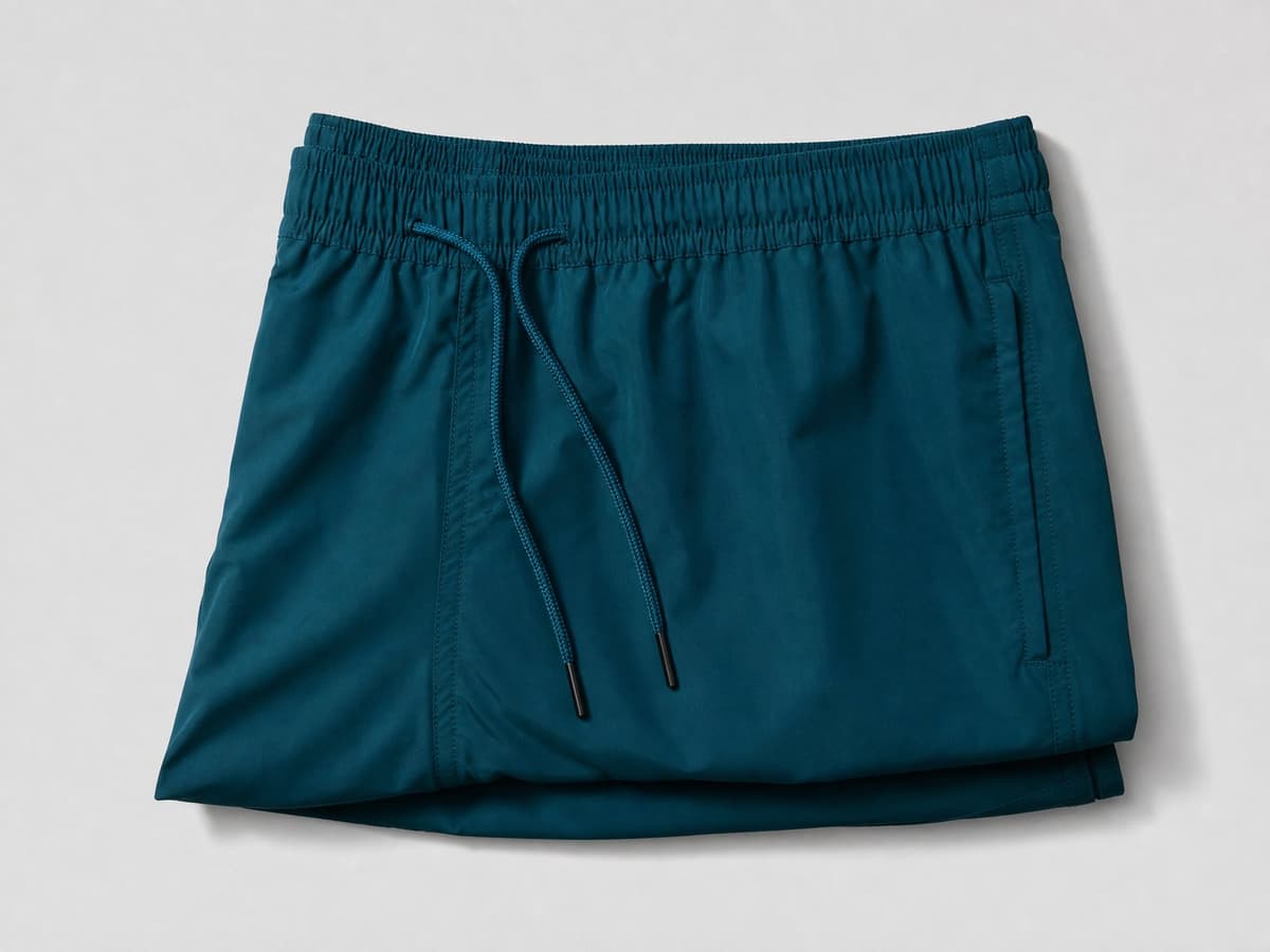 Deep teal custom swim shorts, flat-lay product photo.