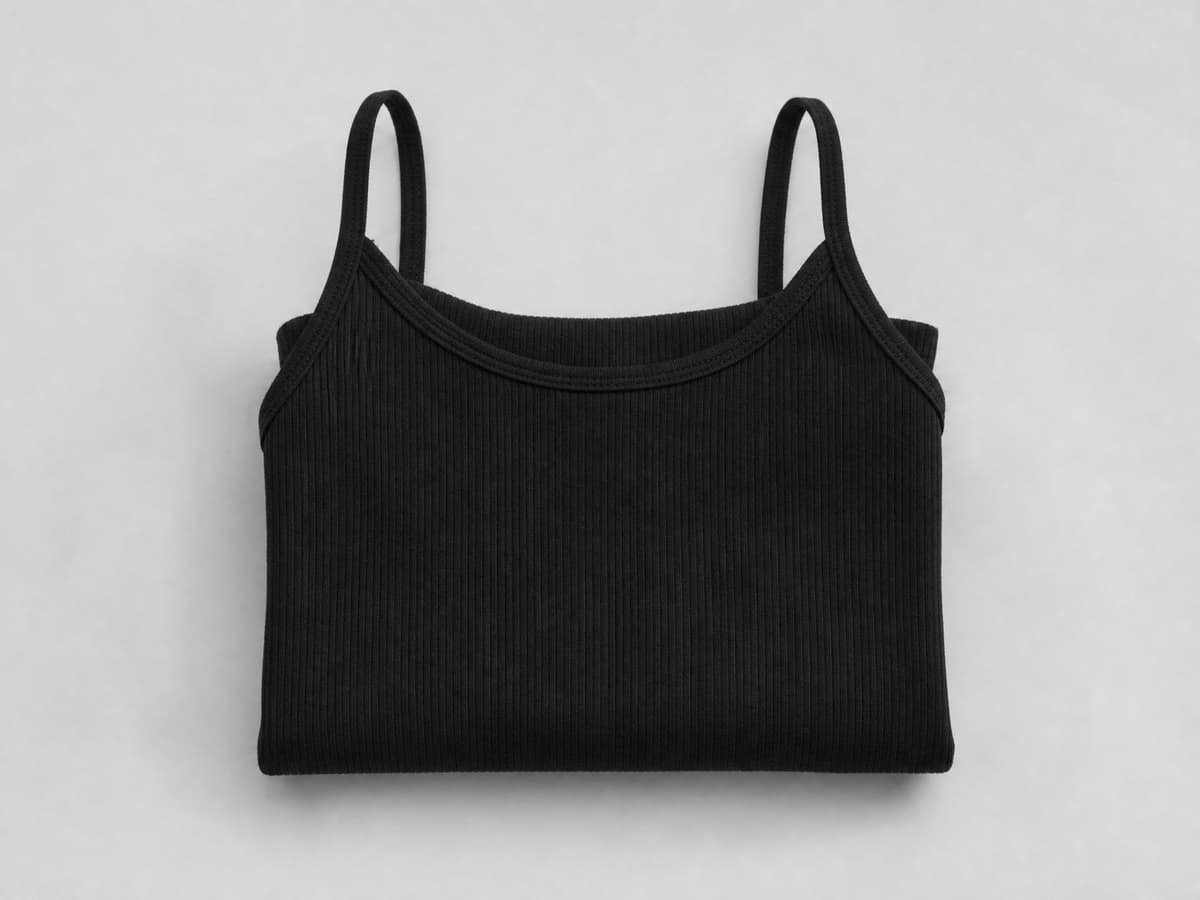 Black ribbed custom tank top, flat-lay product photo.