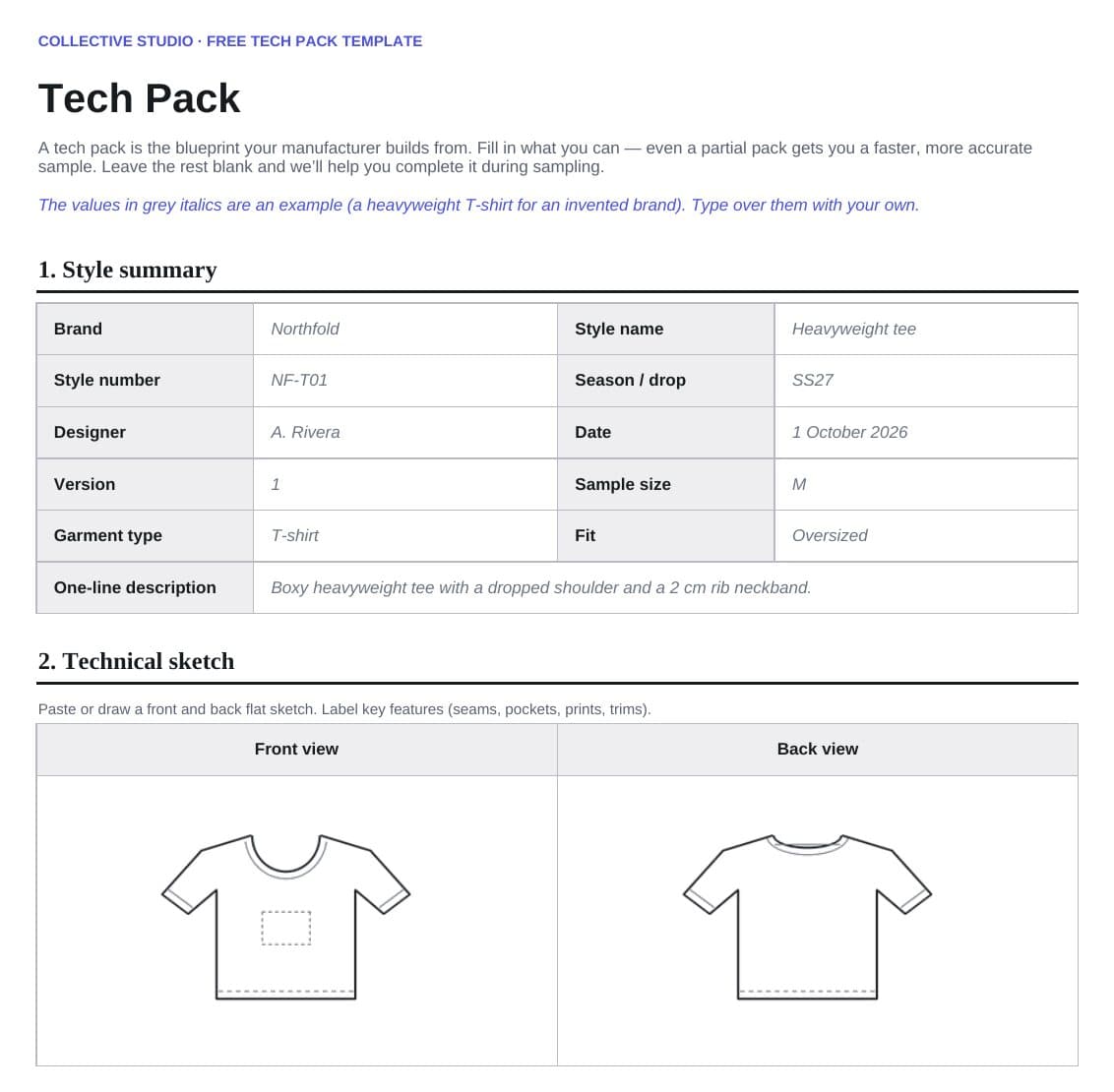 La plantilla de tech pack en Excel con valores de ejemplo: resumen del modelo, bocetos delantero y trasero de una camiseta y la lista de materiales.