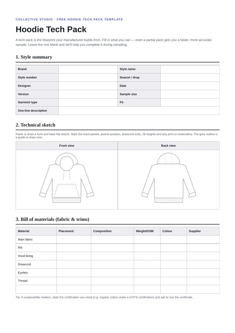 Page one of the hoodie tech pack template: style summary, front and back hoodie outlines to draw over, and the bill of materials.