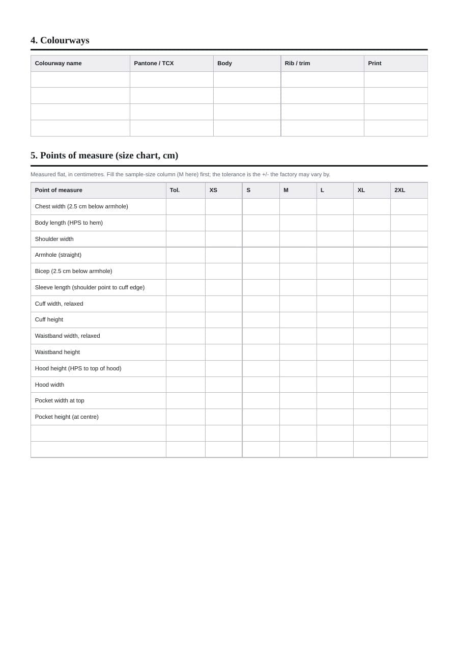 Page two of the hoodie tech pack template: colourways and the 14-point size chart from XS to 2XL.
