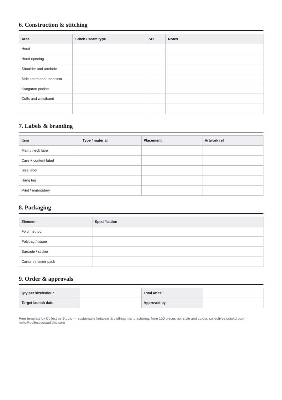 Page three of the hoodie tech pack template: construction and stitching, labels, packaging and order approvals.