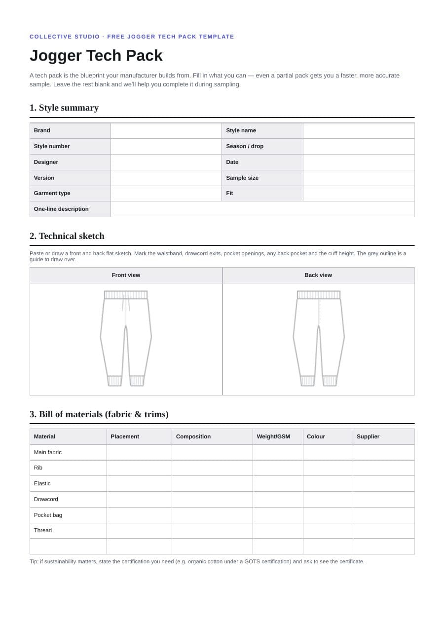 Page one of the jogger tech pack template: style summary, front and back jogger outlines to draw over, and the bill of materials.