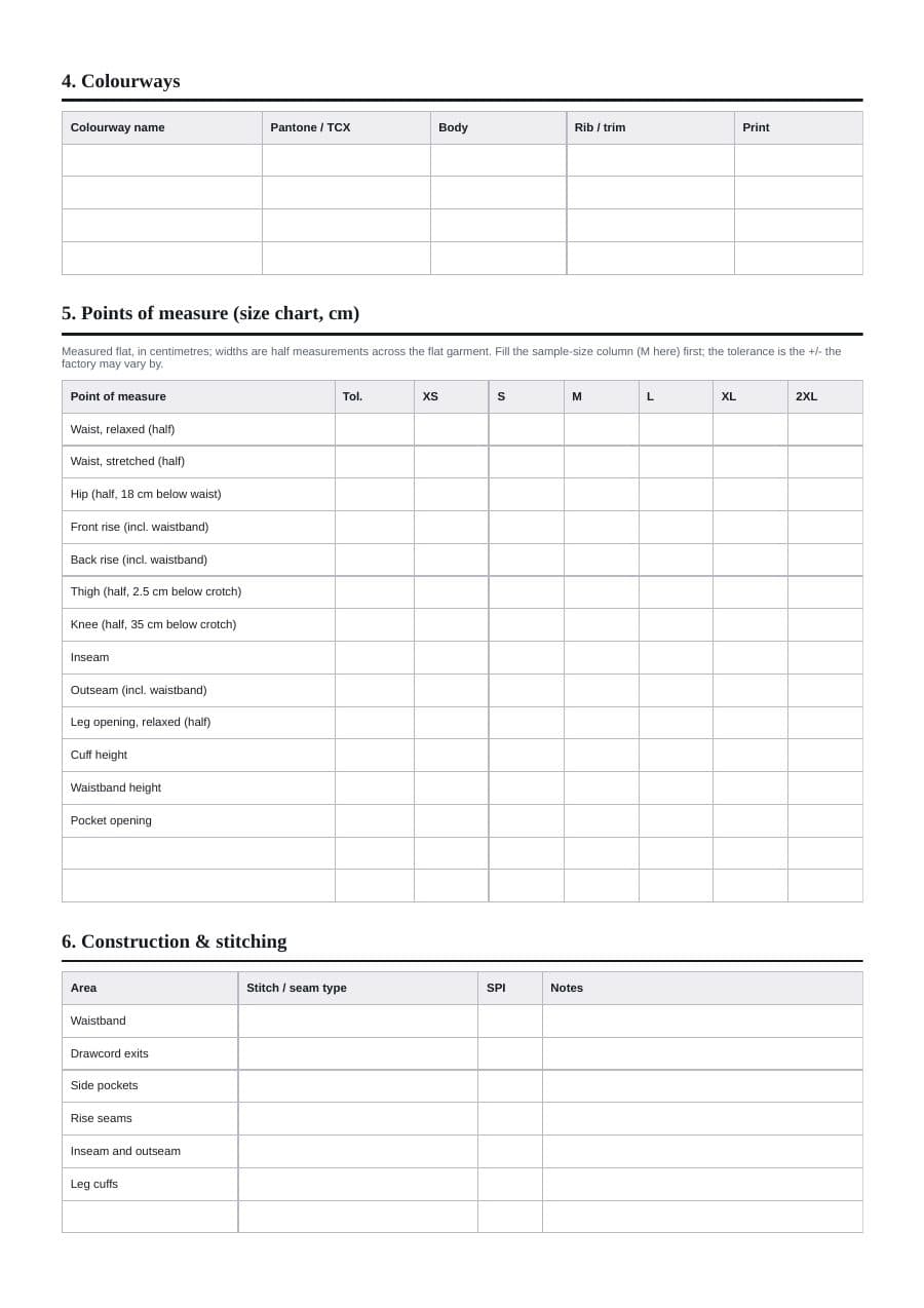 Page two of the jogger tech pack template: colourways and the 13-point size chart from XS to 2XL.