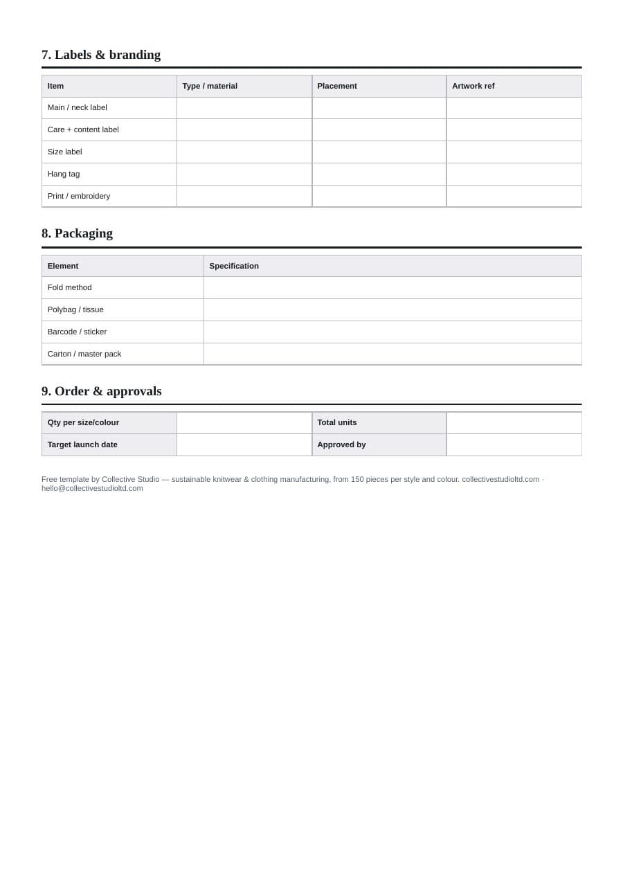 Page three of the jogger tech pack template: construction and stitching, labels, packaging and order approvals.