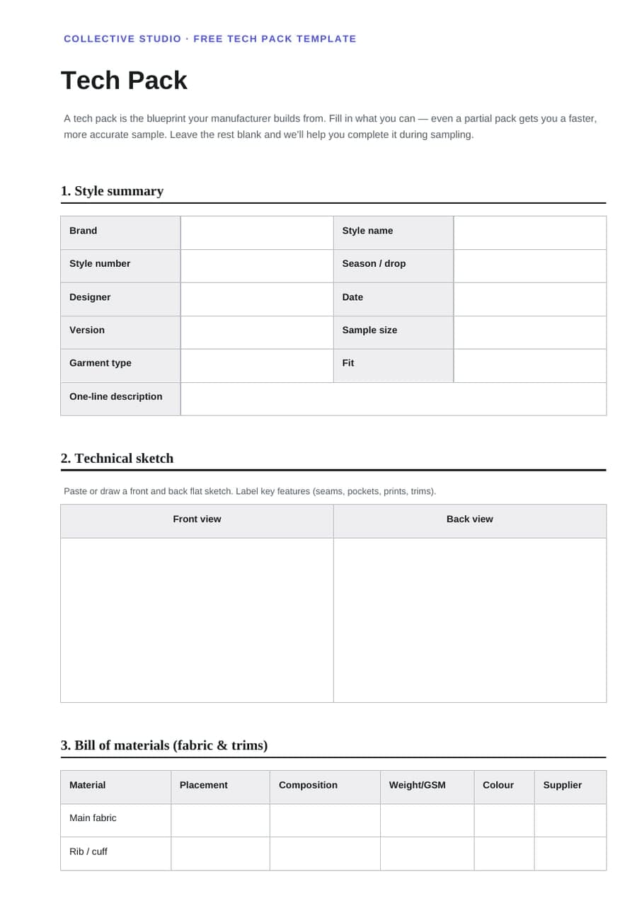Page one of the tech pack template: style summary table, technical sketch boxes for front and back views, and the start of the bill of materials.