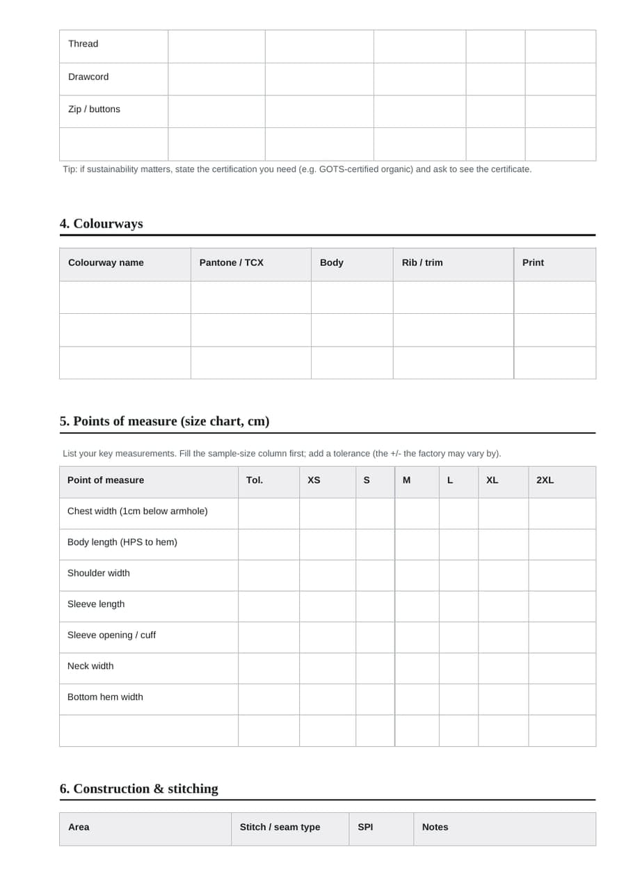 Page two of the tech pack template: bill of materials continued, colourways with Pantone references, and the points-of-measure size chart.