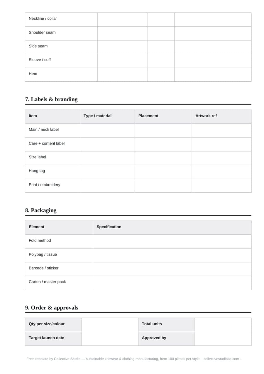 Page three of the tech pack template: construction and stitching notes, labels and branding placement, and packaging specifications.