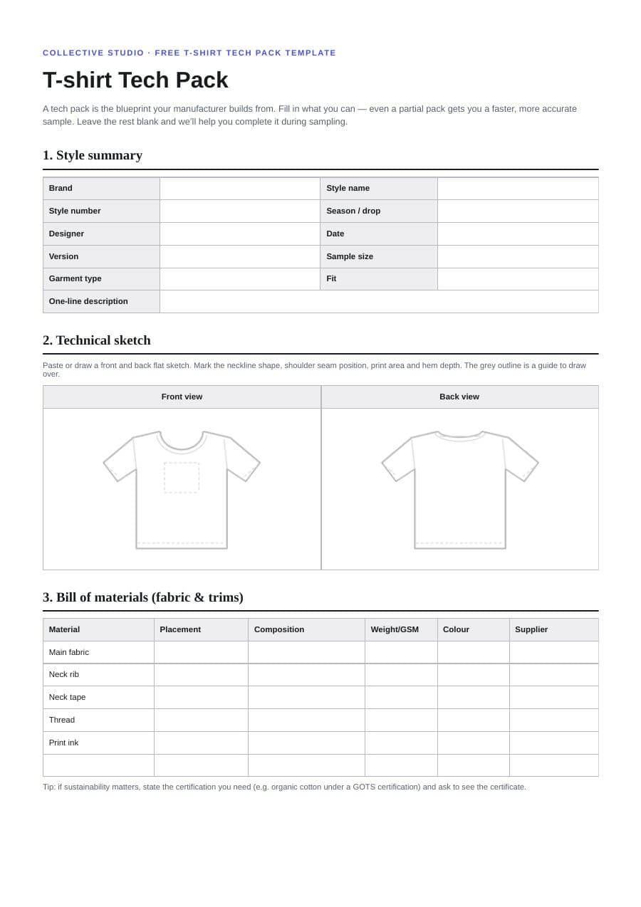 Page one of the T-shirt tech pack template: style summary, front and back T-shirt outlines to draw over, and the bill of materials.