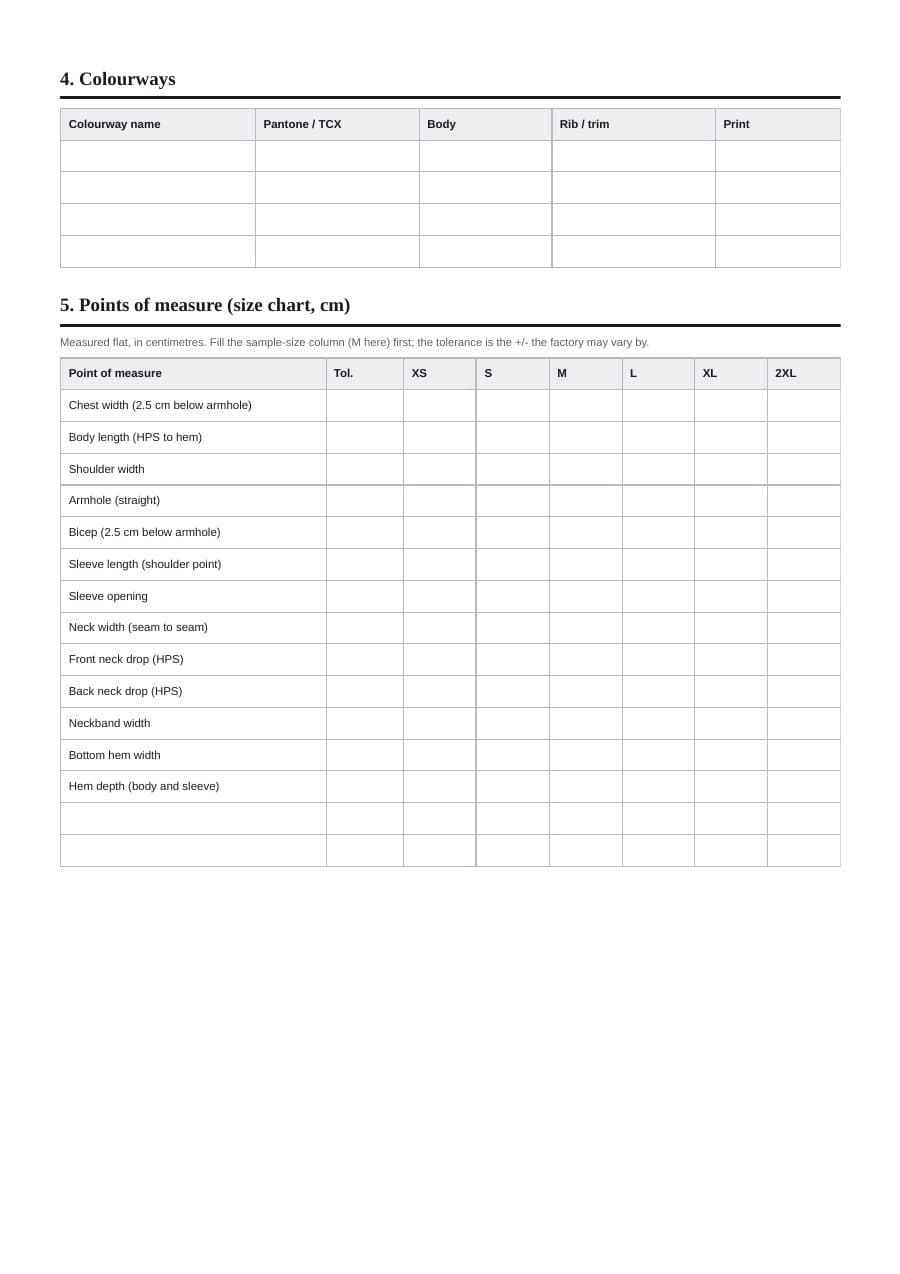 Page two of the T-shirt tech pack template: colourways and the 13-point size chart from XS to 2XL.