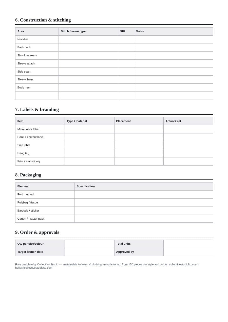 Page three of the T-shirt tech pack template: construction and stitching, labels, packaging and order approvals.