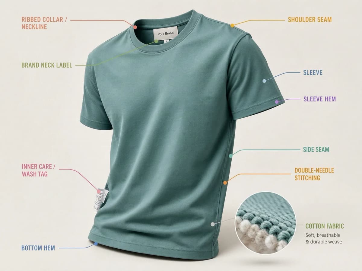 A short-sleeved t-shirt with each part labelled: ribbed collar and neckline, shoulder seam, brand neck label, sleeve, sleeve hem, side seam, inner care and wash tag, double-needle stitching and bottom hem, with a close-up of the cotton knit.