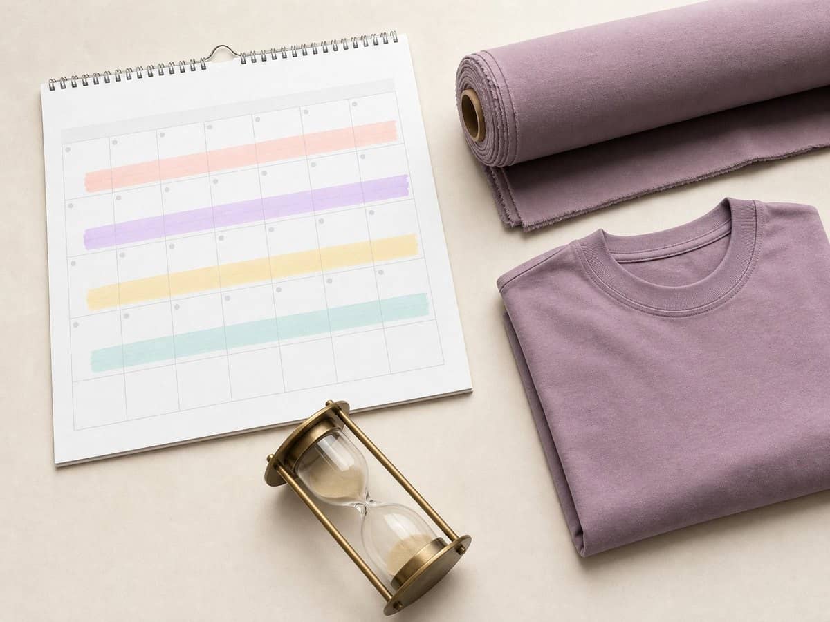 A wall calendar with weeks highlighted, beside a fabric bolt, folded T-shirt, and hourglass.