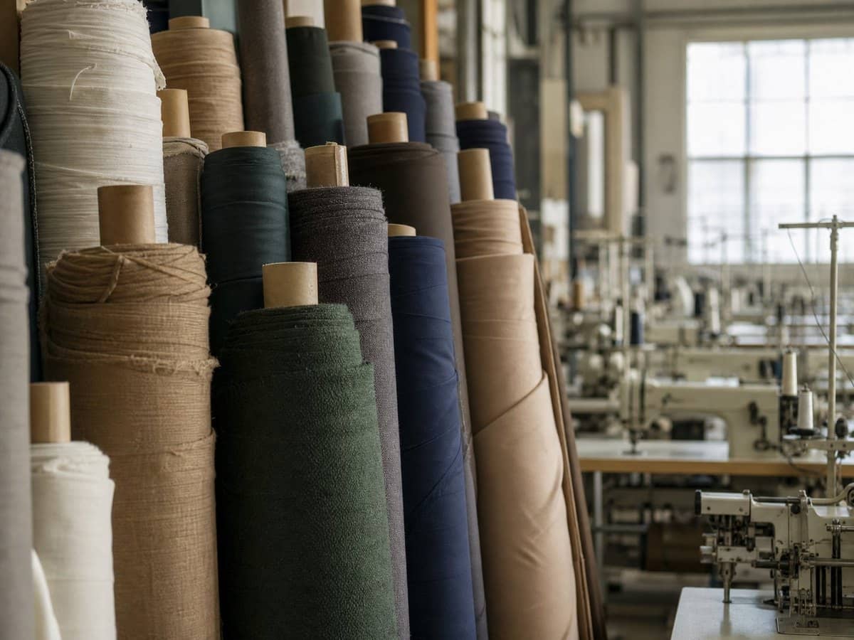 Rows of rolled fabric bolts in a warehouse, with sewing machines visible in the background.