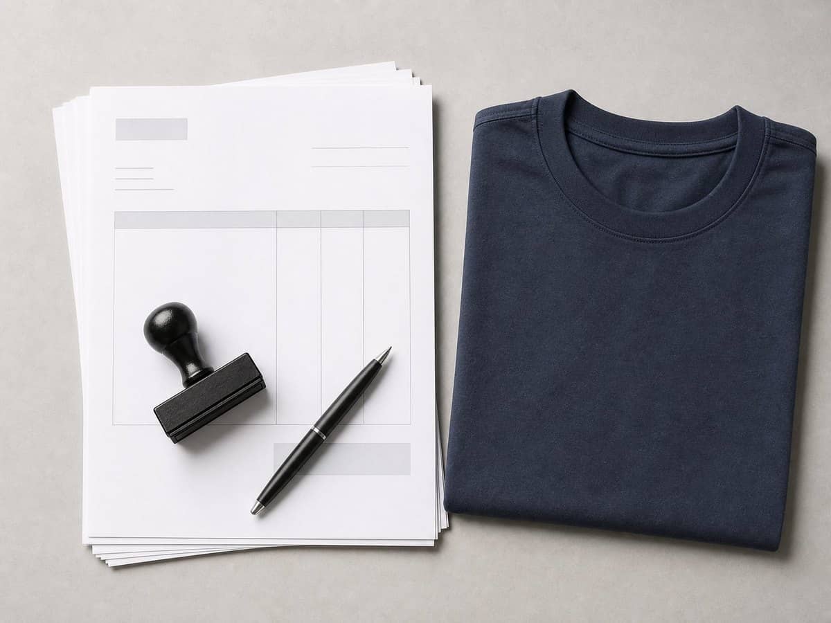 A stack of blank invoice documents with a rubber stamp and pen, beside a folded T-shirt.