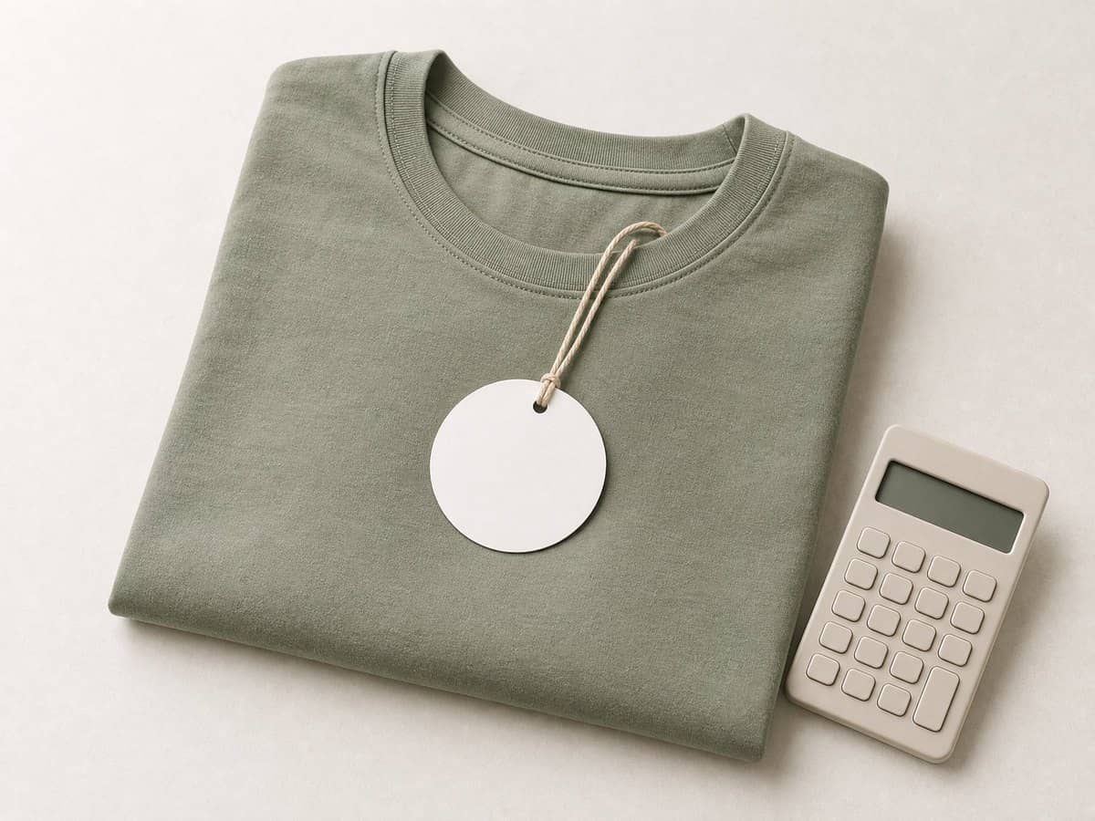 A blank price tag hanging from a folded T-shirt beside a calculator.
