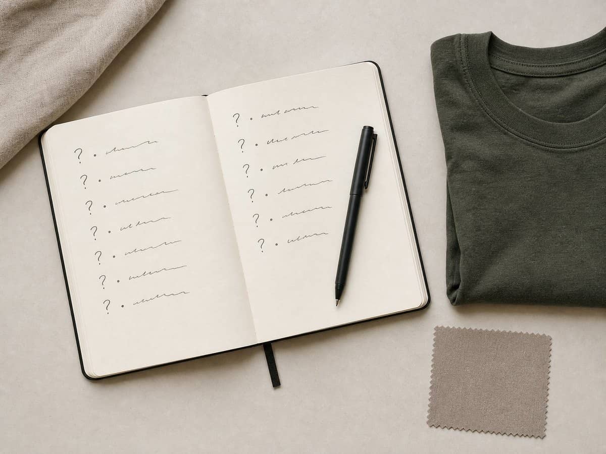 An open notebook with a handwritten checklist of questions, a pen, and a fabric swatch.