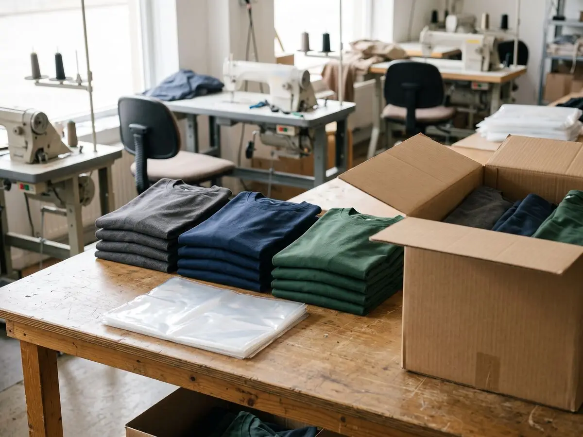 A small run of folded t-shirts in charcoal, navy and green on a packing table beside polybags and a carton, with sewing machines behind.