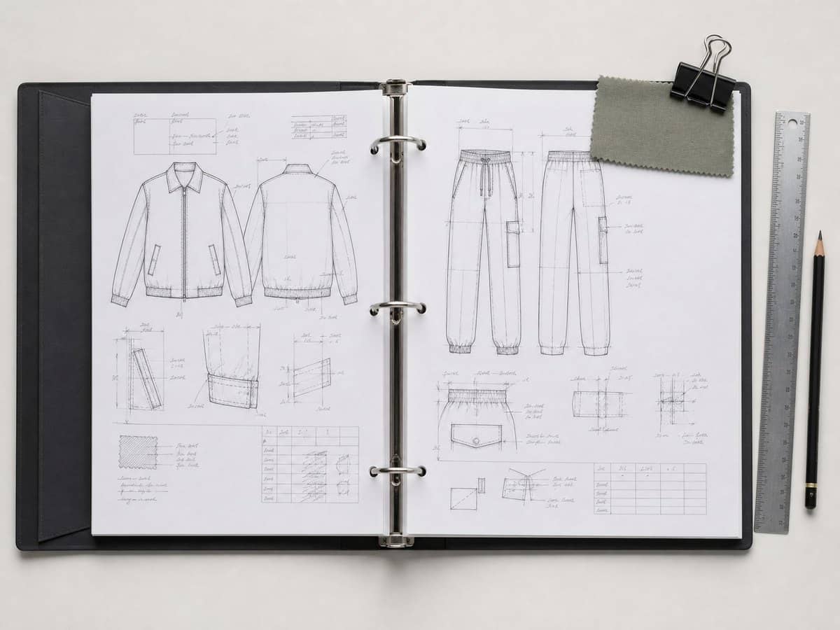 An open tech pack binder showing a garment flat-sketch with measurement callouts.