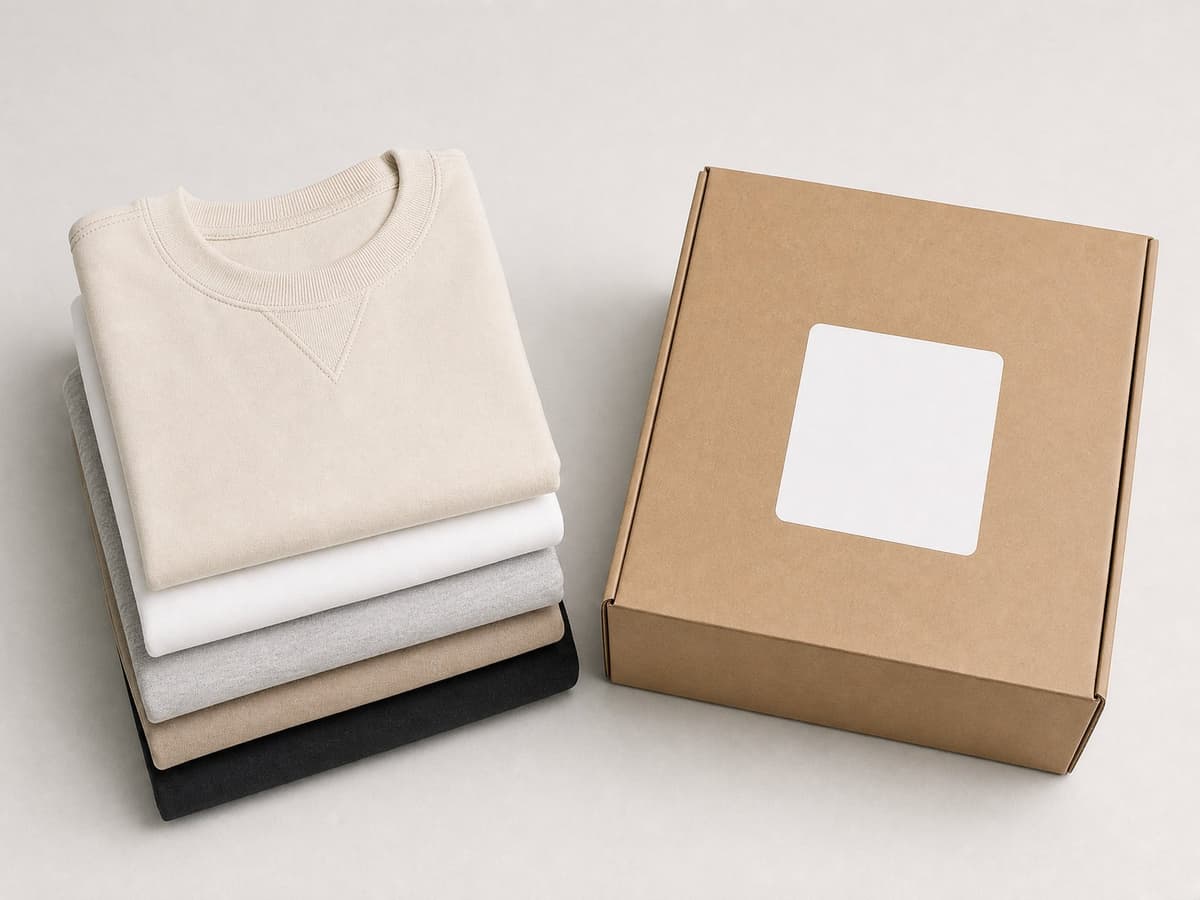 Folded garments beside a shipping box, ready for export to the United States.