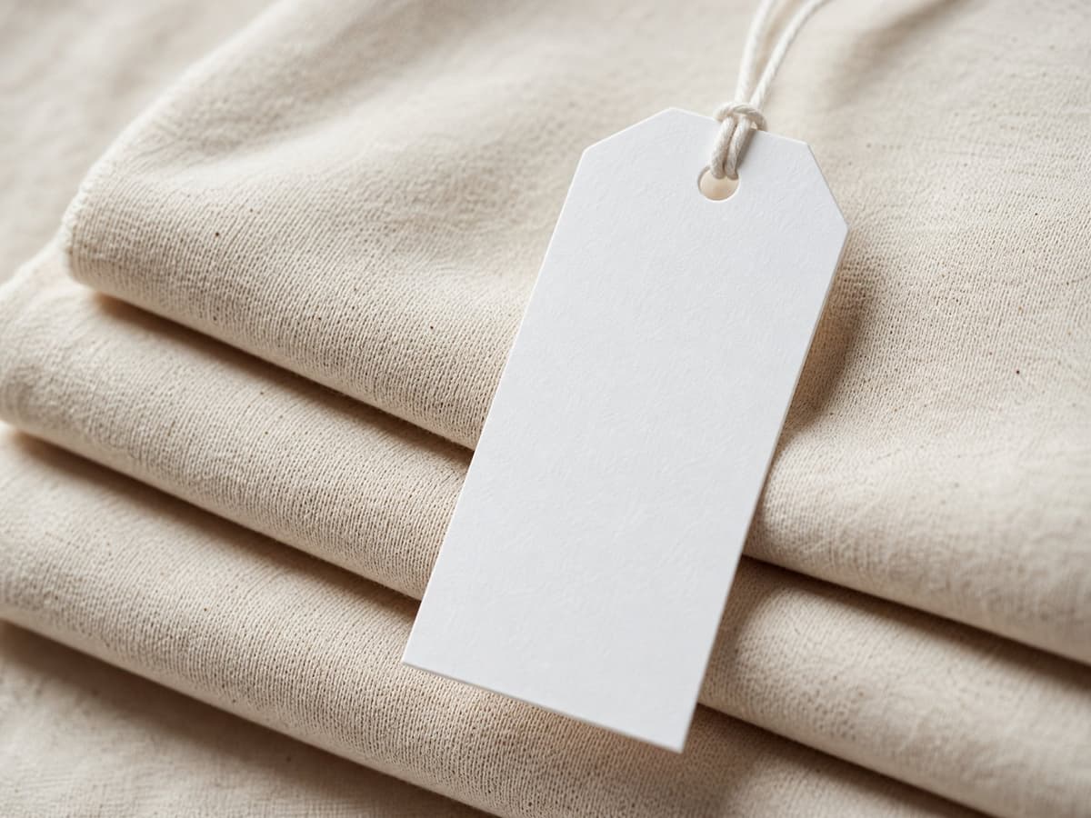 Folded organic cotton fabric with a blank GOTS-style certification tag.