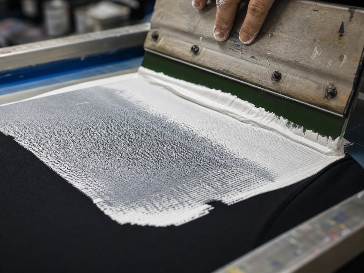 Screen-printing squeegee pulling white ink across a mesh screen onto fabric.