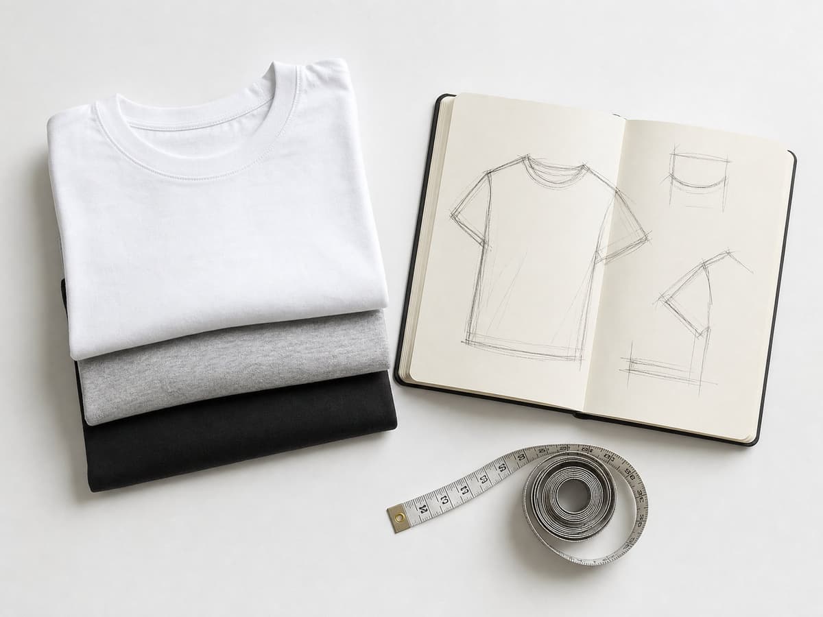 Folded T-shirts beside a sketchbook and tape measure for a new clothing brand.