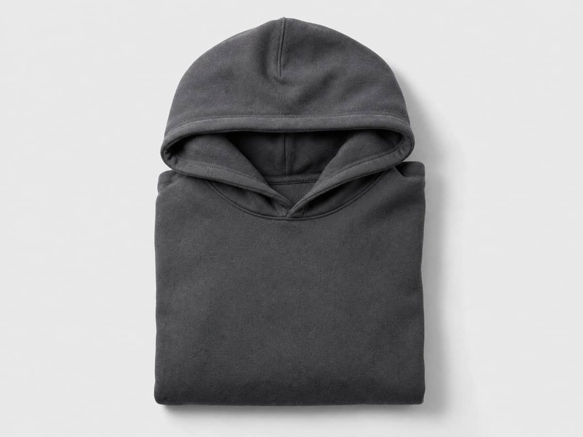 Charcoal grey custom hoodie, flat-lay product photo on a neutral studio background.