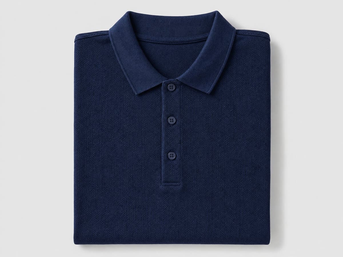 Navy pique custom polo shirt, flat-lay product photo.
