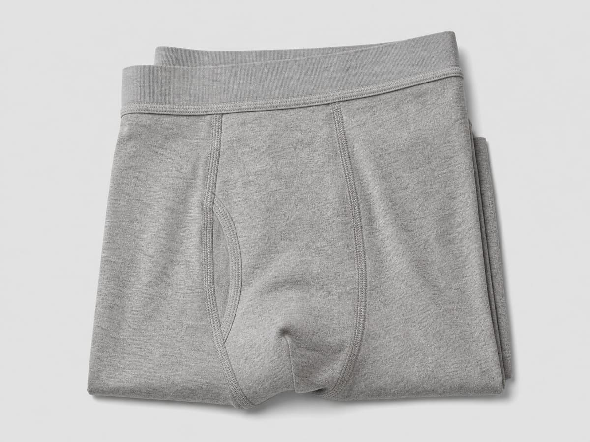 Heather grey custom boxer briefs, flat-lay product photo.